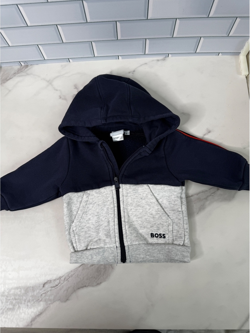 BOSS Baby 9M Full Zip Hoodie Navy Gray Colorblock Logo Cotton Blend